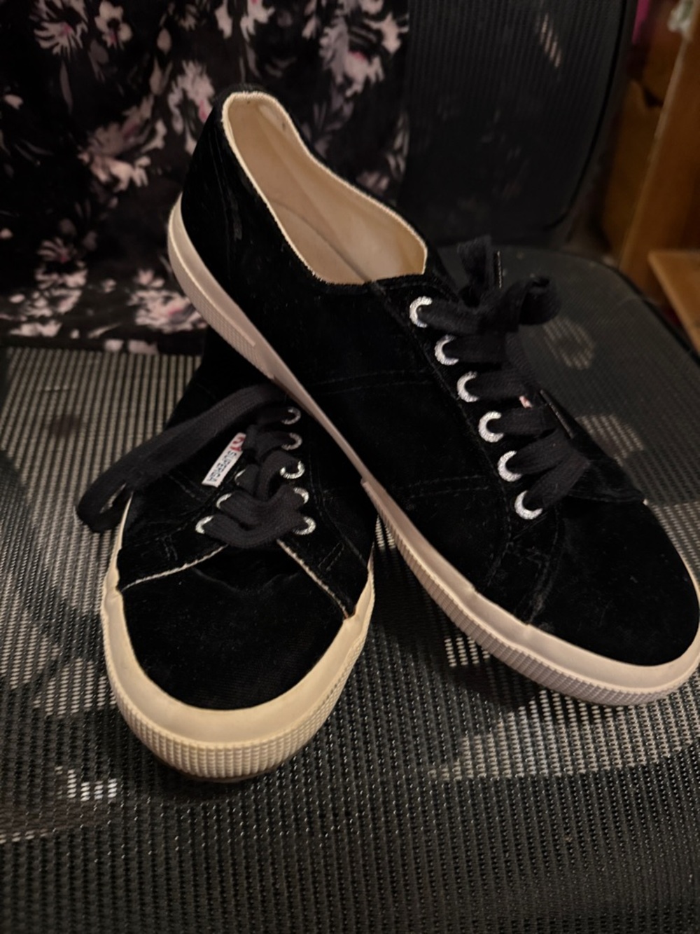 Superga Black Velvet Sneakers with Cream Sole